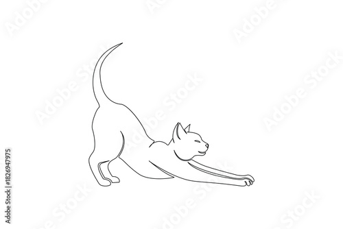 One line sketch of a cat stretching forward in a graceful pose