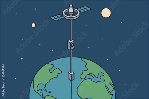 Futuristic space elevator above earth in night sky with planets and stars