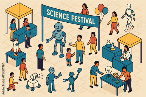 Isometric science festival with robots and people in interactive technology fair