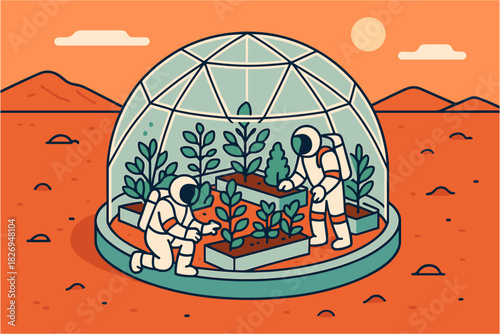 Flat design: astronauts tending plants in martian greenhouse under dome