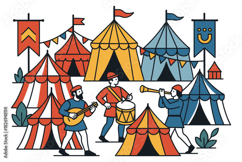 Medieval festival with musicians and circus tents in vibrant colors