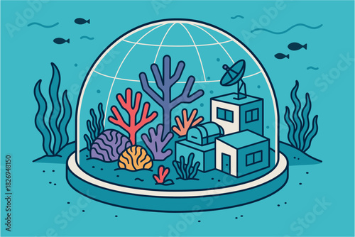 Dome enclosed underwater scene with coral and modern buildings