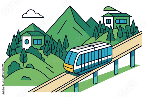 Modern train journeying through scenic mountain landscape in minimalist style