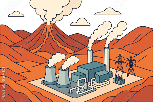 Geothermal energy plant with volcanic landscape and power lines in linear style