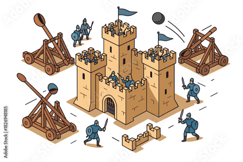Medieval siege castle with knights and catapults in isometric battle scene