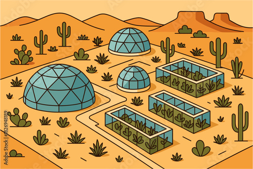 Desert oasis with greenhouse domes and cacti in a linear style landscape