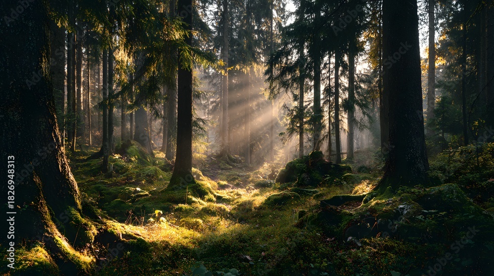 Fototapeta premium Sunlight streams through tall evergreen trees illuminating the mossy forest floor during early morning
