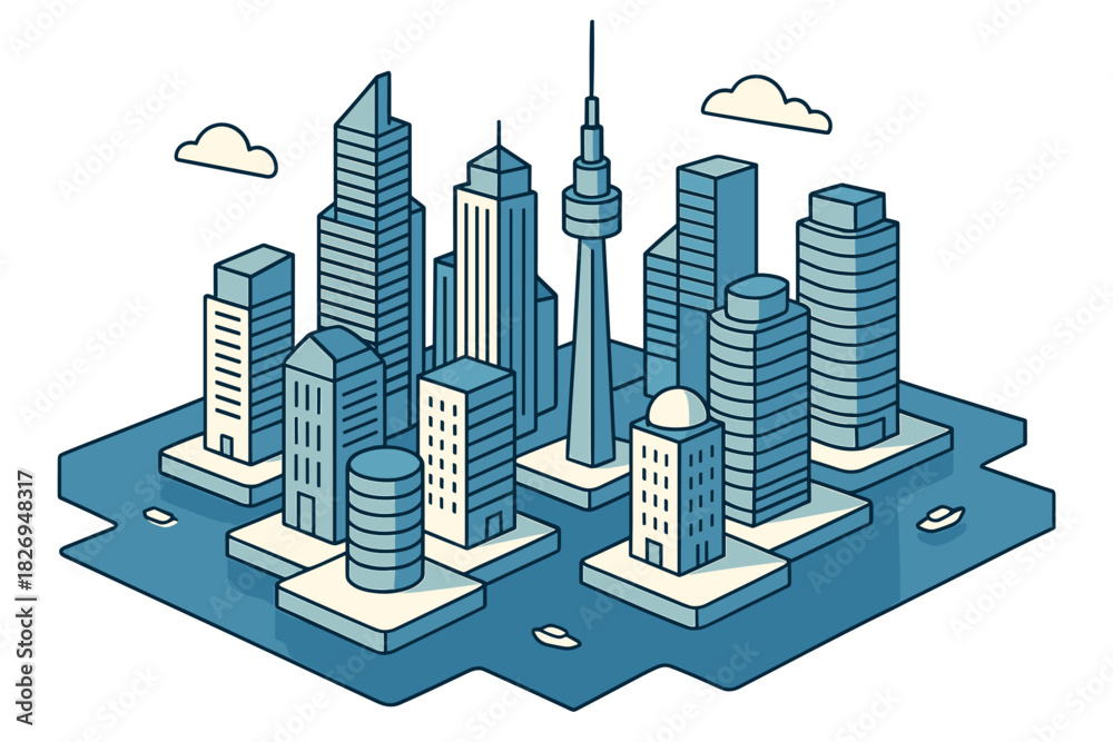 Fototapeta premium Modern isometric cityscape with skyscrapers and urban islands