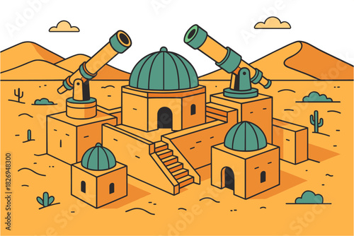 Desert observatory with telescopes and domes in isometric style