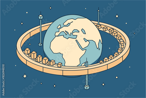 Futuristic isometric earth with rotating ring and cubes in space scene