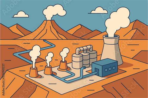 Geothermal energy plant in volcanic landscape with steam and mountains