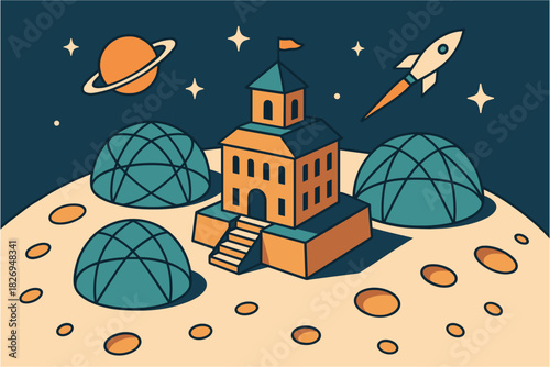 Futuristic space colony with rocket and dome structures under starry sky