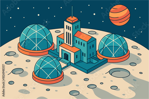 Futuristic moon colony with geodesic domes and space landscape
