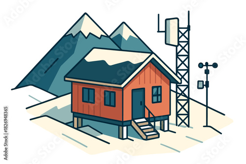 Snowy mountain cabin with weather station equipment