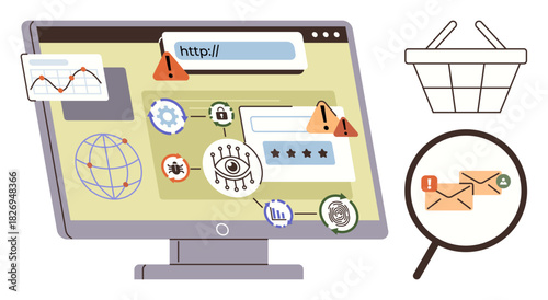 Computer screen with internet threats, phishing emails under magnifier, security icons, alert signs, and shopping cart. Ideal for cyber threats, data safety, scams, monitoring warnings protection