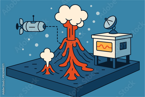 Flat isometric volcano eruption with spacecraft and observatory