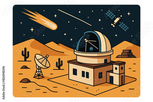 Night sky observation: observatory and satellite in desert landscape
