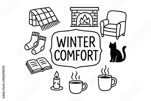 Cozy winter elements in a minimalist black and white design for home atmosphere