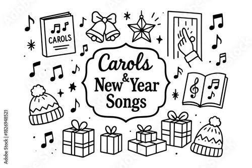 Festive carol and new year song theme in black and white line art