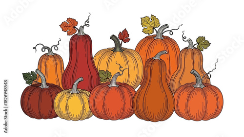Autumn harvest of various pumpkins and gourds in a seasonal arrangement.