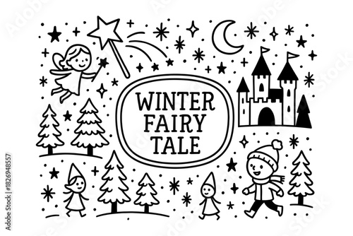 Whimsical winter fairy tale scene with snow and fantasy characters