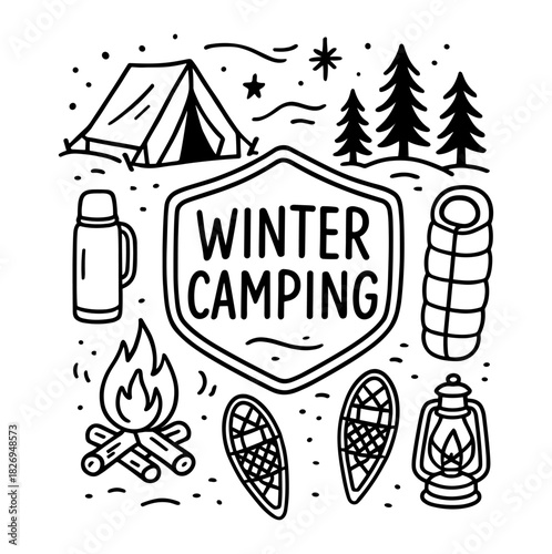 Winter camping adventure: hand drawn icons of outdoor gear and nature