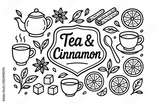 Beautiful tea and cinnamon design in black and white with flowers and citrus elements