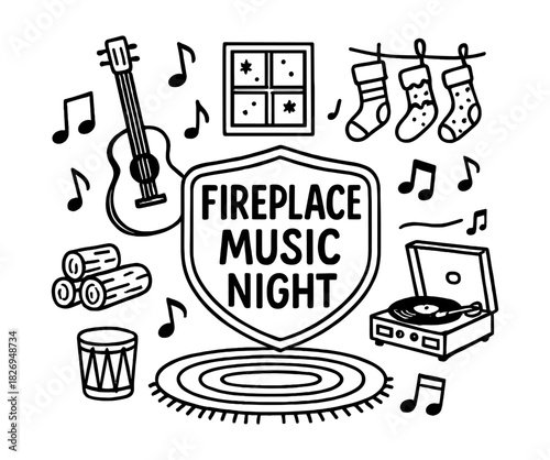 Cozy fireplace music night with winter vibes in hand drawn style