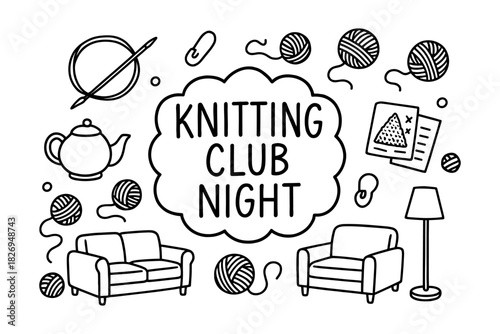 Cozy knitting club night: yarn and pattern doodle for craft lovers