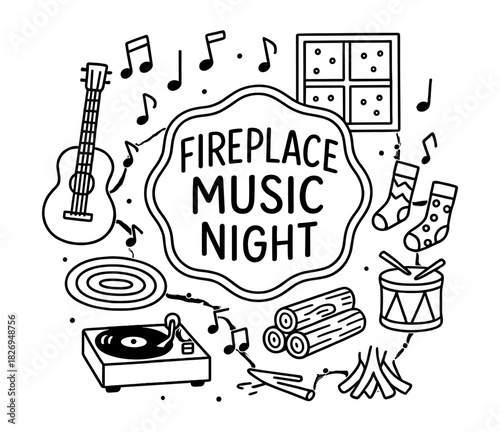 Cozy fireplace music night with guitar, vinyl, and winter decor in outline style
