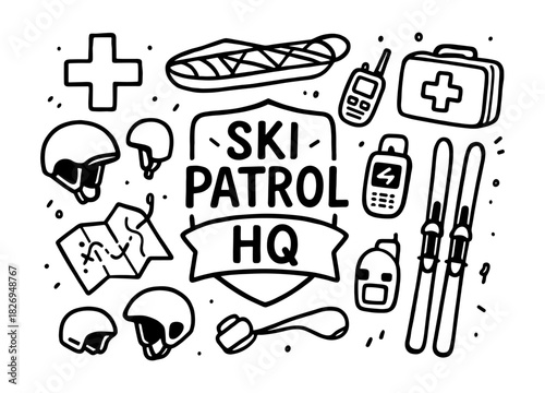 Ski patrol essentials in black and white line art for winter safety