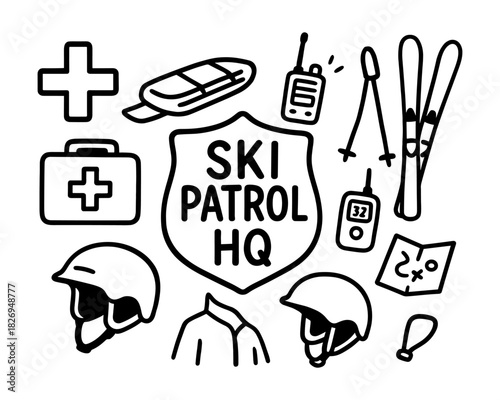 Ski patrol headquarters symbols in black and white line art style