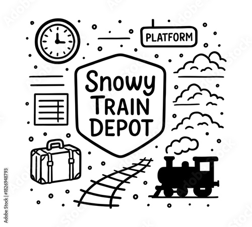 Snowy train depot doodle with retro train and platform elements