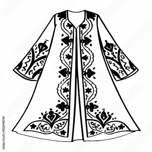 Elegant black and white illustration of a traditional embroidered kaftan robe
