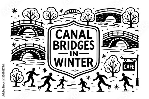 Canal bridges and winter activities in a charming minimalist style