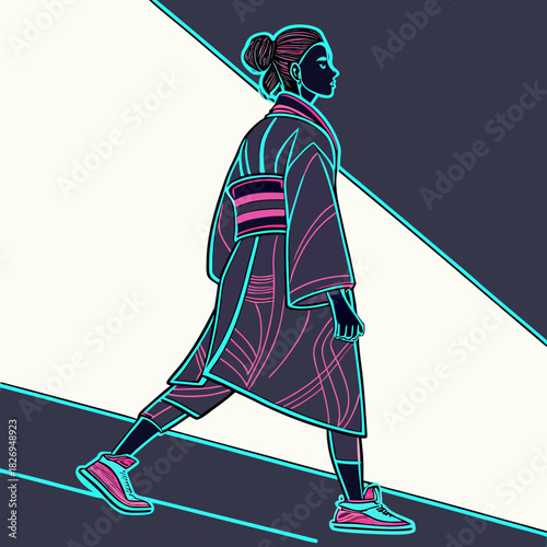 Modern woman in neon trimmed kimono and sneakers