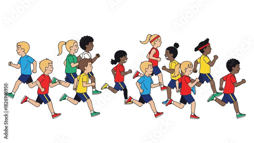 Children running race competition in a sports event for fun and fitness.