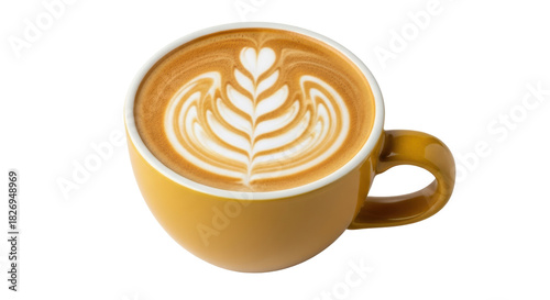 Latte art in yellow cup isolated on transparent background PNG, coffee drink with heart and leaf pattern for cafe menu