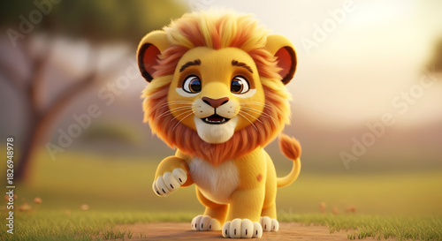 A cute cartoon lion cub walking on a path in a grassy field with a tree in the background scenery