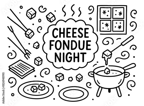 Cheese fondue night celebration with doodle art elements in black and white