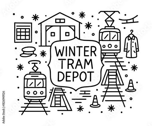 Winter tram depot line art with snowflakes and trams