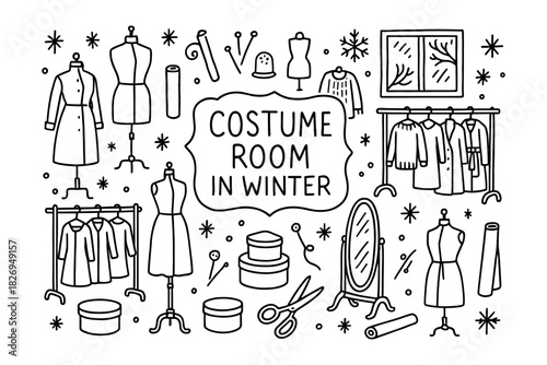 Winter costume room elements in black and white linear style