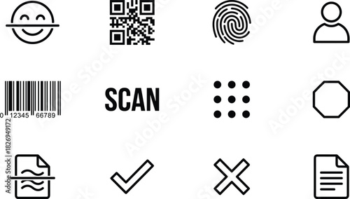 Authentication, Scanning, and Biometric Security Icon Set: Facial Recognition, QR Code, Barcode, Fingerprint, Verification, Identity, Document Scan, and Approval Symbols Collection.