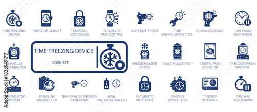 Time-Freezing Device vector icon set. Featuring stop watch, timer, freezer, and temperature control icons for science, technology, and scheduling concepts. Editable EPS.