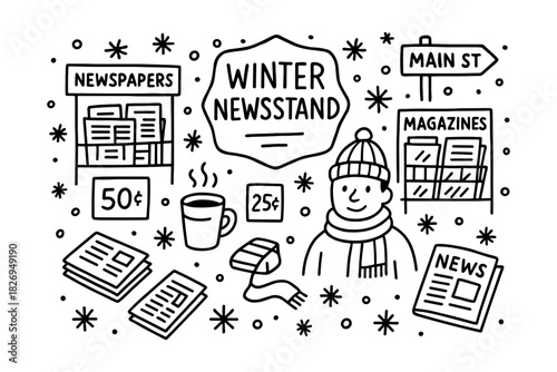 Cozy winter newsstand with magazines, newspapers, and warm beverage in doodle style