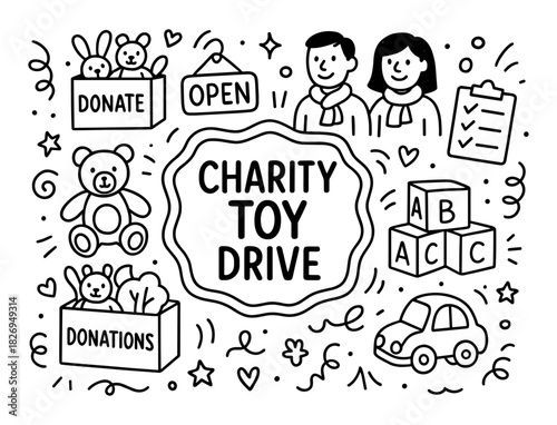 Charity toy drive doodle with toys, volunteers, and donation boxes