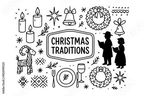 Festive christmas traditions: carolers, candles, and holiday decorations in black and white