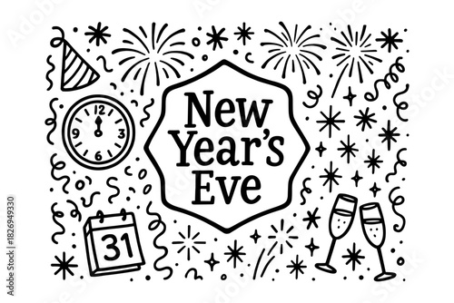 New year's eve celebration doodle with fireworks, clock, and party elements