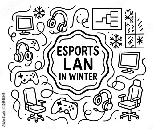 Esports lan event in winter: gaming and technology elements in linear style