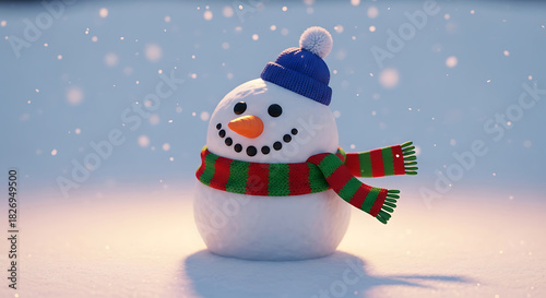 A cheerful snowman with a blue hat and striped scarf stands in the falling snow on a bright day